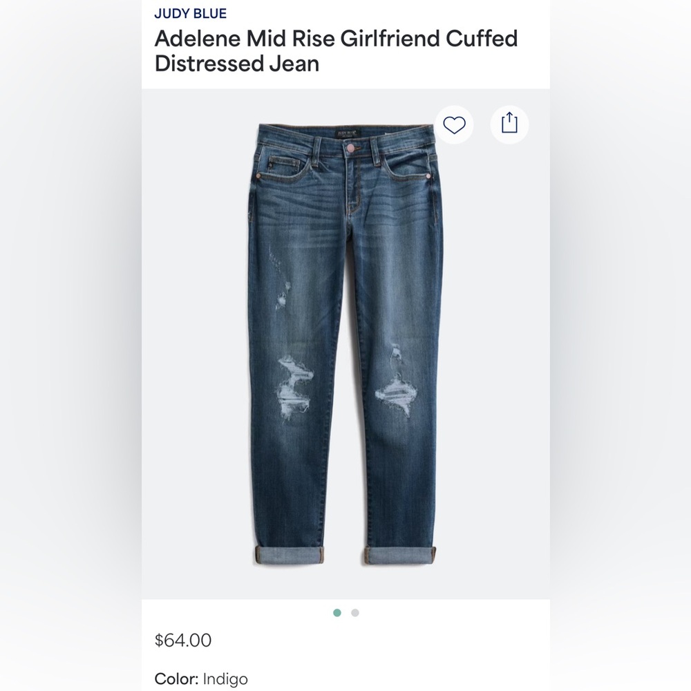 Judy Blue Women's Adelene Mid Rise girlfriend Cuffed distressed jeans. Size 1/25